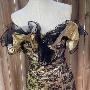 Vintage 80s GOLD LAME Black LACE Mermaid Ruffle Prom Dress S